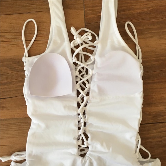 New! White Lace Up One Piece Bathing Swim Suit - Picture 10 of 15